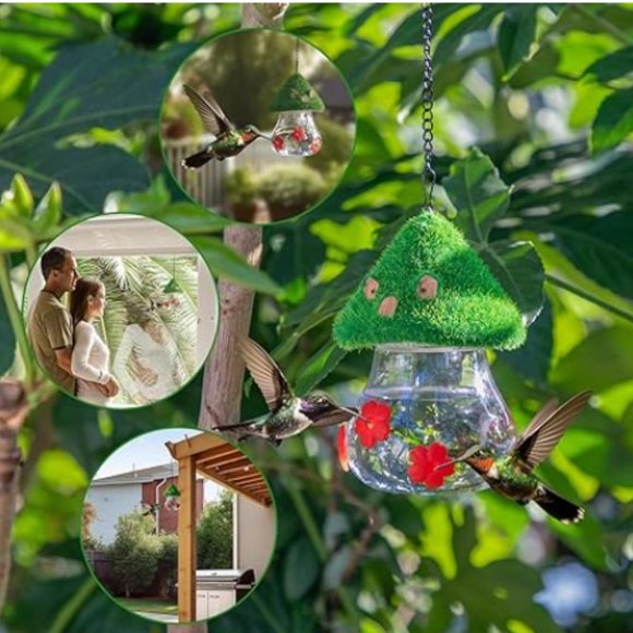 Hummingbird Feeder w/ Green Thatched Roof Style + 3 Red Petal Spouts - Picture 7 of 11